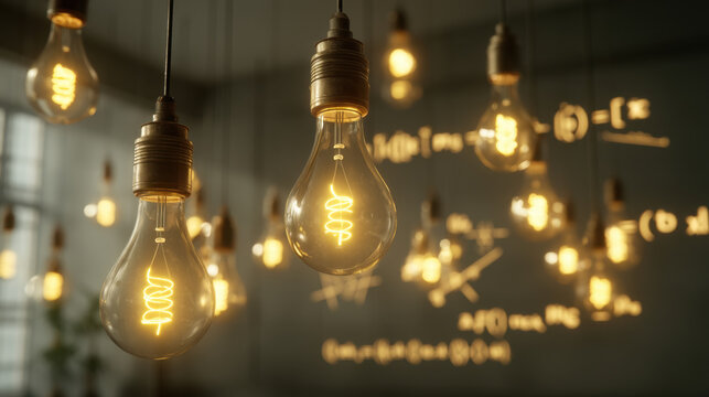 Bright hanging light bulbs illuminate room filled with mathematical equations on wall, creating inspiring atmosphere for learning and creativity. warm glow of bulbs enhances intellectual ambiance