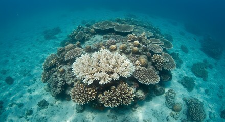 Fototapeta premium A vibrant coral reef is slowly bleached by a hidden heat source, a powerful metaphor for a subtle, creeping crisis, environmental damage, and an unseen threat