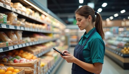Grocery store worker checks stock levels on digital device. Shelves stocked with food items during busy shopping day. Retail employee manages inventory, ensuring product availability for customers in