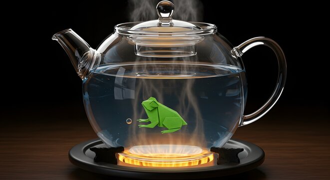 An origami frog in a slowly heating teapot, a metaphor for the boiling frog syndrome, unnoticed danger, and a creeping crisis