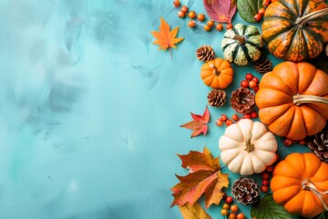 Pumpkins, pine cones, and autumn leaves creating a vibrant thanksgiving border on teal background
