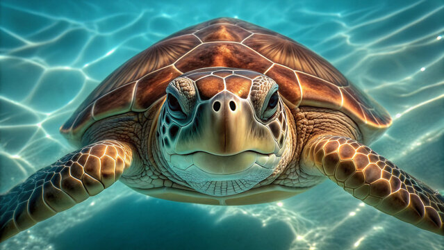 Close up of a sea turtle swimming underwater with sunlit ripples ocean