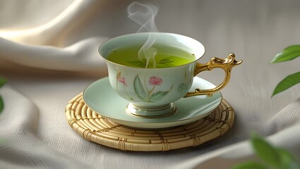 Relaxing Hot Tea Cup with Natural Linen Setting