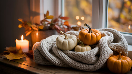 Cozy autumn still life pumpkins candles and warm knit scarf creating a festive Thanksgiving mood by the window