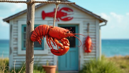 Quaint coastal shack features red lobster sign hanging outside. Salt weathered wood exterior, faded paint. Coastal building, seashore restaurant, seafood eatery. Outdoor summer dining destination.