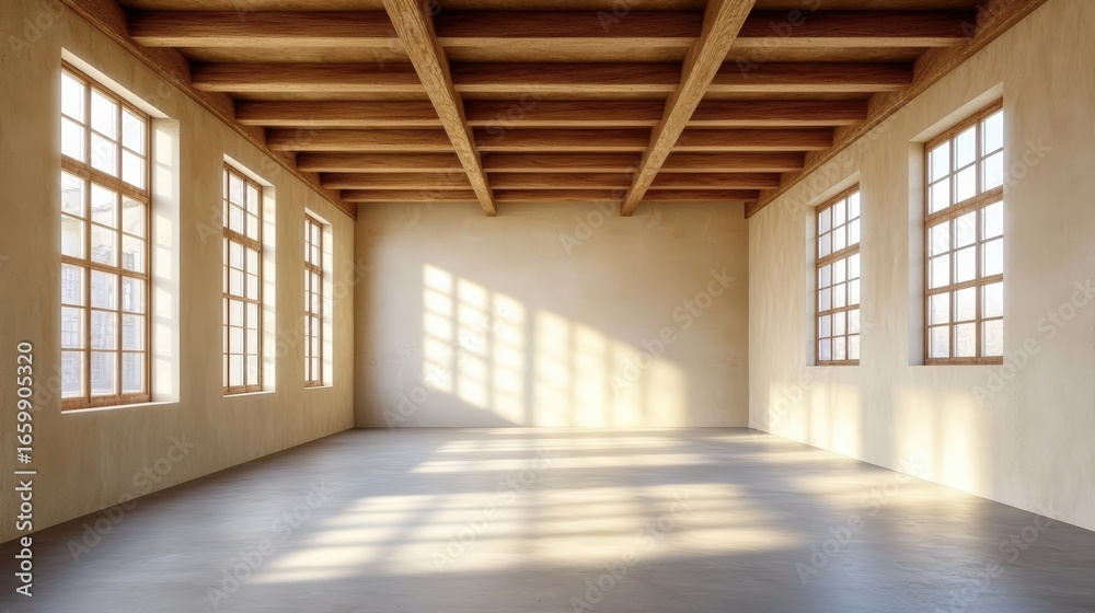 Wall mural spacious empty room with wooden ceiling beams and large windows casting sunlight patterns on smooth 