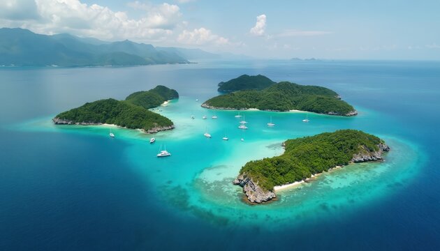 Aerial view of tropical islands with crystal-clear turquoise water, green hills. Sailboats dot serene bay, inviting vacationers to explore Mediterranean paradise. Enjoy clear waters, sandy beaches,