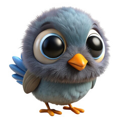 3d adorable cartoon bird with big eyes isolated on transparent background