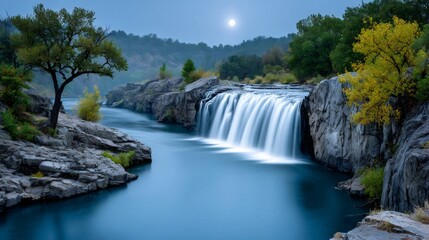 Waterfall cascading into serene river under moonlight at twilight