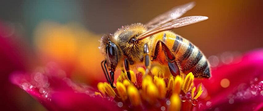 Anamorphic video honeybee collecting pollen from a vibrant purple flower
