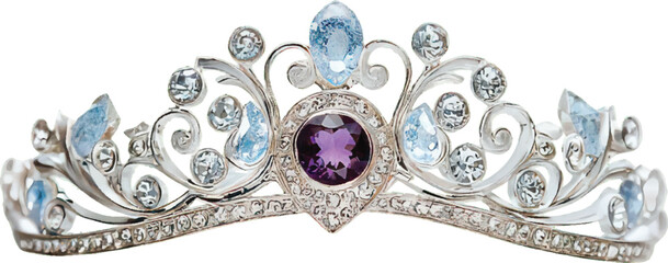 Silver tiara adorned with purple and blue gemstones and clear diamonds crown diadem