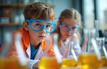 Young children in safety goggles conduct science experiments in lab, wearing colorful lab coats. Focused children, boy, girl, engage in educational learning, scientific discovery with colorful