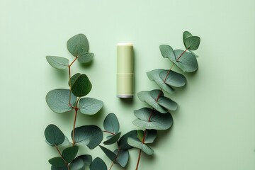Lip balm and leaves of eucalyptus on light green paper. Place for text