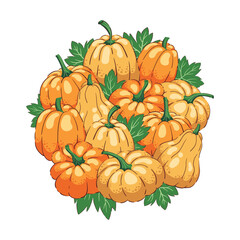 Background with pumpkins of different colors and shapes. Template for an autumn postcard, a Thanksgiving poster, or a harvest festival