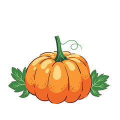 A round orange pumpkin with leaves. Autumn clipart, hand-drawn illustration in flat doodle style