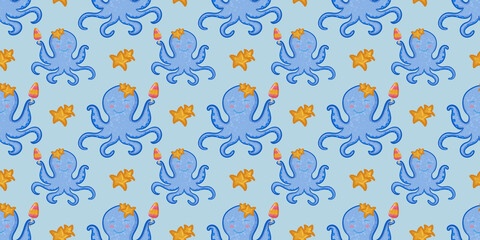 Cute seamless octopus and star pattern for fabric and textile design