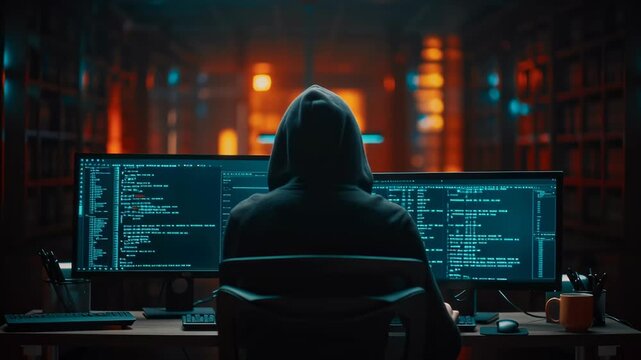 back view of Man wearing black hoody hacker breaking security system on computer. Cyber attack concept. Data theft criminal. Blue light digital screen footage