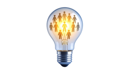 Teamwork idea icon showing lightbulb with small human silhouettes inside, isolated on transparent background.