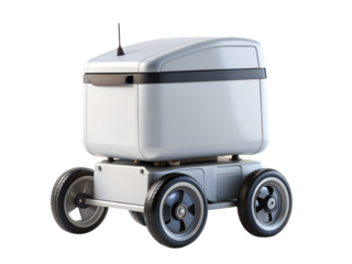 Autonomous delivery robot isolated on transparent background, a futuristic vehicle for urban transportation and logistics, showcasing innovation and technology