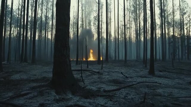 An intense fire consumes a patch of forest as smoke rises amidst charred trees during a late afternoon in a remote wilderness