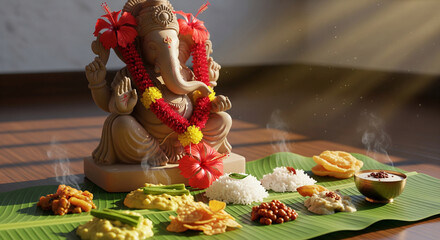 Vibrant South Indian Sadhya Feast with Ganapati Bappa Idol on Banana Leaf, Celebrating Ganesh Chaturthi at Golden Hour.