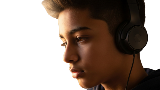 Youthful Focus: Teen Student Concentrating with Headphones for E-Learning or Music