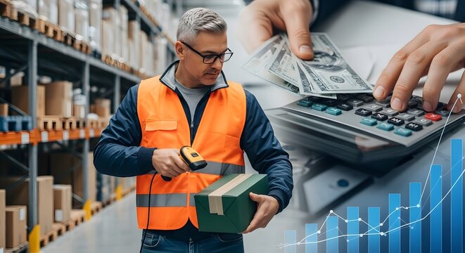 Logistics and Financial Integration with Warehouse Worker, Scanner, and Growth Chart