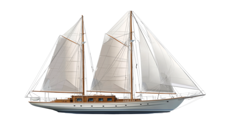 A modern wooden sailboat with two masts and three sails on the front, against a white background,