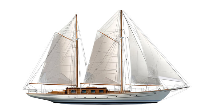 A modern wooden sailboat with two masts and three sails on the front, against a white background,
