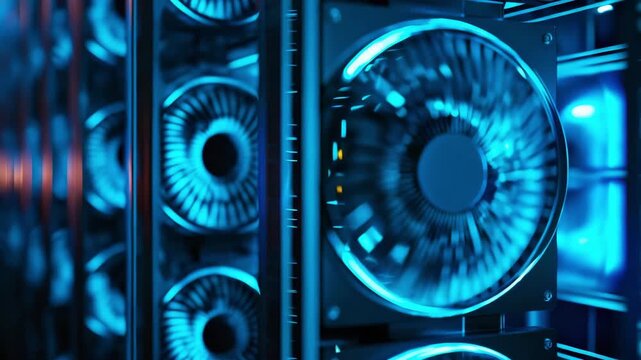 Large cooling fans spin rapidly in a cryptocurrency mining facility, ensuring optimal temperature in an ongoing operation