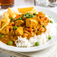 Spicy chicken curry with rice and fries