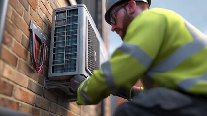 Worker repairs air conditioning unit outside a building while following safety protocols and wearing protective gear