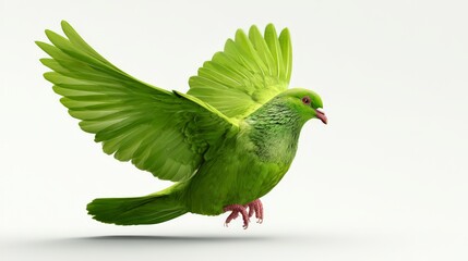 A vibrant green bird gracefully spreading its wings in flight against a clean background.