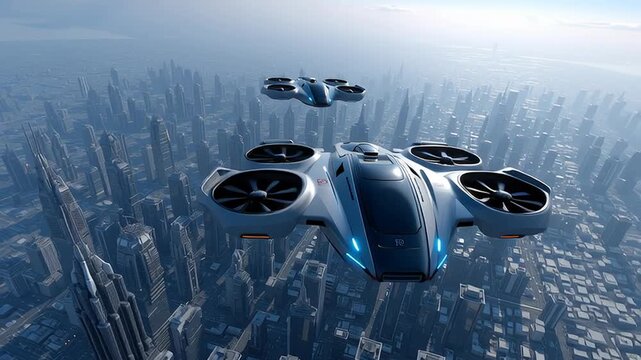 Autonomous Drone Taxi traffic Flying Over City, Urban Air Mobility Concept