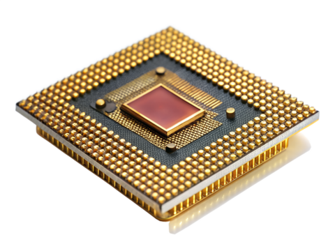 Closeup of a modern cpu central processing unit microchip, isolated on transparent background, representing computer technology and digital processing