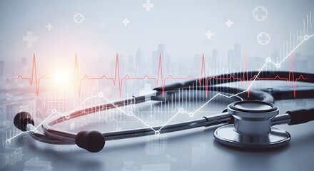Medical Technology Concept with Stethoscope, ECG Graph, and Urban Background