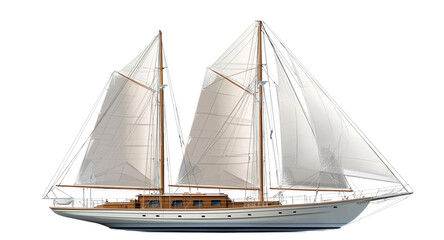 A modern wooden sailboat with two masts and three sails on the front, against a white background,