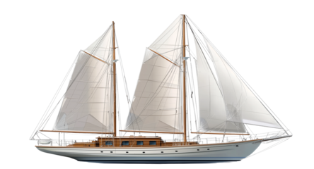 A modern wooden sailboat with two masts and three sails on the front, against a white background,