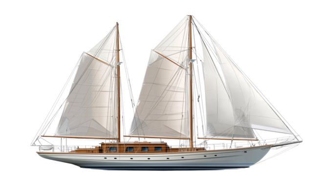 A modern wooden sailboat with two masts and three sails on the front, against a white background,