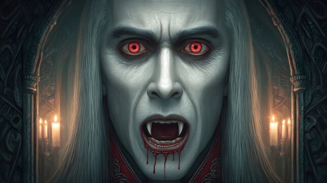 Scary pale vampire showing fangs with blood dripping in his dark castle