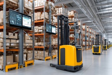 Automated forklifts operating in modern warehouse with digital screens displaying information