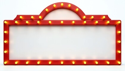 Retro red marquee sign with illuminated bulbs. Features blank white panel for text, framed by glowing yellow lights. Ideal for cinema, casino, event announcements, evoking Vegas nightlife, classic