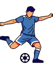Dynamic illustration of a male soccer player in a blue uniform skillfully kicking a football, capturing the essence of sports action and athletic performance on a white background.