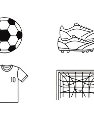 Vector outline icons featuring essential soccer sports equipment. Includes a football, athletic cleats, player's jersey, and goal net, ideal for athletic-themed graphic designs.