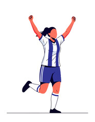 Dynamic illustration of a jubilant female soccer player celebrating a remarkable victory on the field, embodying triumph and athletic success with arms raised high.
