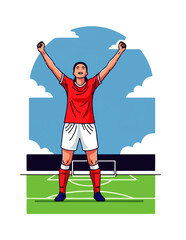 Exultant female soccer player celebrates victory on the field, a vibrant illustration symbolizing achievement, determination, and success in women's sports.
