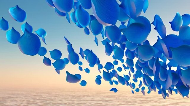 Blue rose petals floating and scattering in the air
