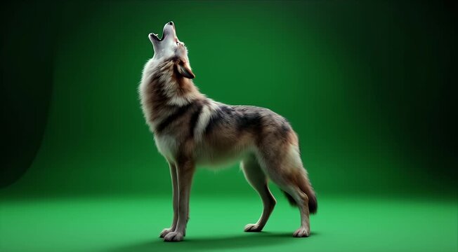 A majestic wolf with a thick coat stands on a green background howling at the sky