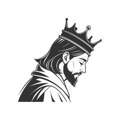 Monochrome depiction of a king with a crown looking down in contemplation © jexsiam