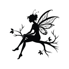 Enchanting silhouette of a fairy perched gracefully on a twiggy branch